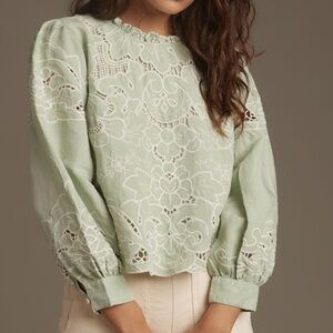 Anthropologie Green Embroidered Blouse
